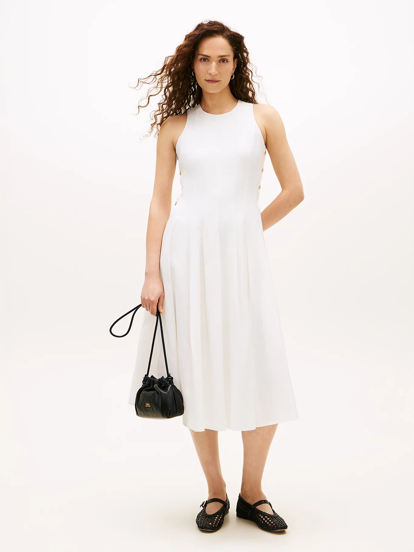 Gold-Tone Button Linen Blend Midi Dress | White | Tommy Hilfiger | Tommy Hilfiger UK