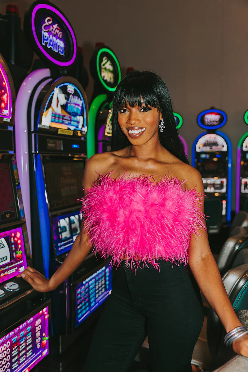 BuddyLove | Fancy Strapless Feather Crop Top | Hot Pink | BuddyLove