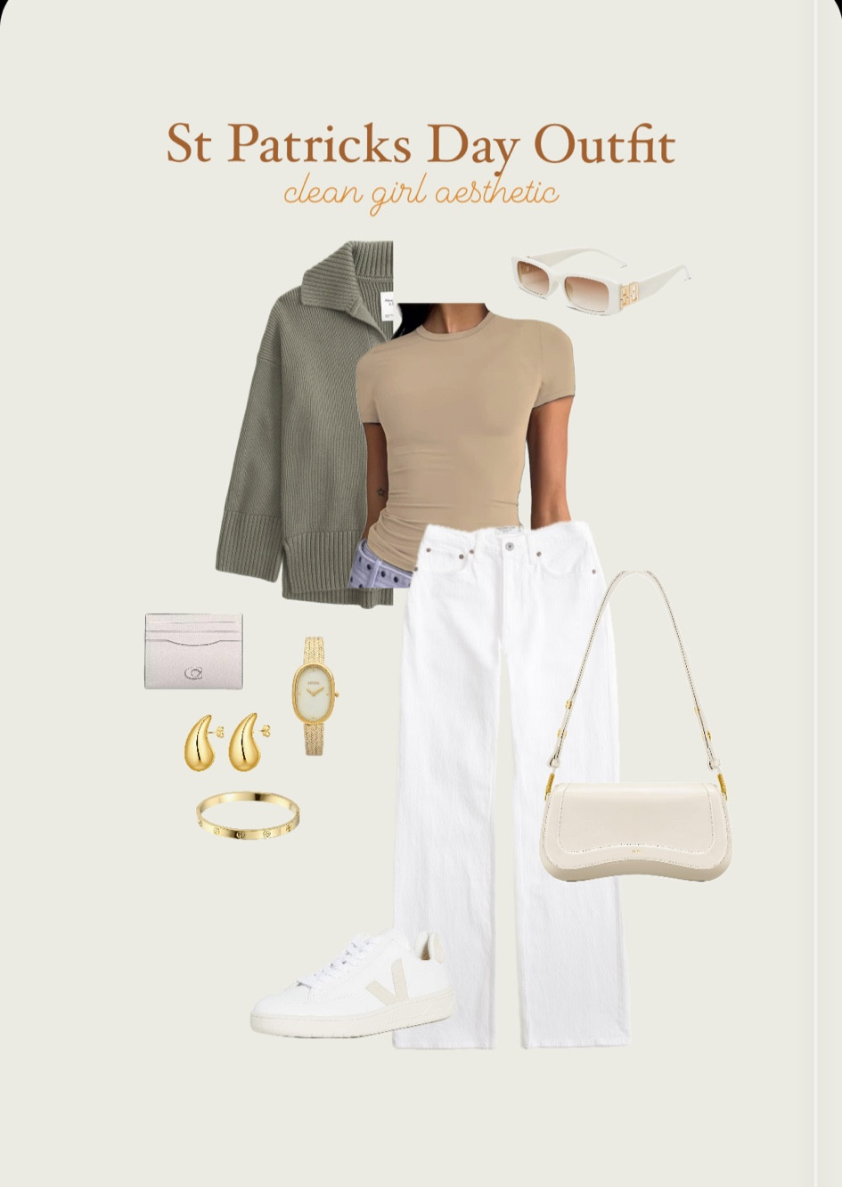 spring outfits, spring outfits 2024, spring outfits amazon, spring fashion, february outfit, casual spring outfits, spring outfit ideas, cute spring outfits, cute casual outfit, date night outfit, date night outfits, belt bag, cream bag, shoulder bag, vacation outfit, resort outfit, spring outfit, resort wear, green sweater, notch neck sweater, white jeans, jeans, high waisted jeans, wide leg jeans, abercrombie jeans, beige t shirt, skims dupe, green sneakers, white sunglasses, white shoulder bag, jw pei bag, gold jewelry, white card case, white card holder, white wallet, st patricks day outfit, clean girl aesthetic