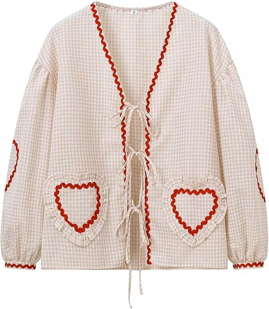 Gingham Tie Front Blouse Tops for Women Y2K Babydoll Coquette Bow Cute Puff Shirts Long Sleeve | Amazon (US)