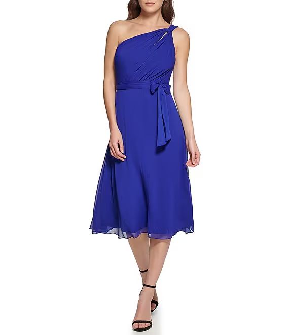 DKNY Petite Size Sleeveless One Shoulder Cut-Out Tie Waist Chiffon A-Line Midi Dress | Dillard's | Dillard's