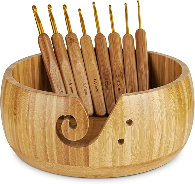 Wooden Yarn Bowl Holder, Craft Knitting Bowl with 8pcs Metal Crochet Hooks, 7.9''Large Yarn Holde... | Amazon (US)