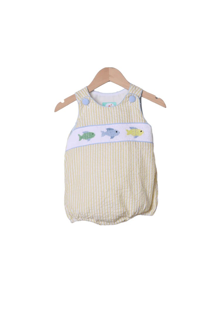 Smocked Fish Blue/Yellow Seersucker Bubble | The Smocked Flamingo