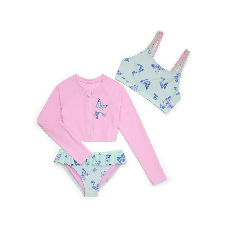 Wonder Nation Girls Long Sleeve Zip-Up Crop Rash Guard with Bikini Top and Bottom Swimsuit, 3-Pie... | Walmart (US)