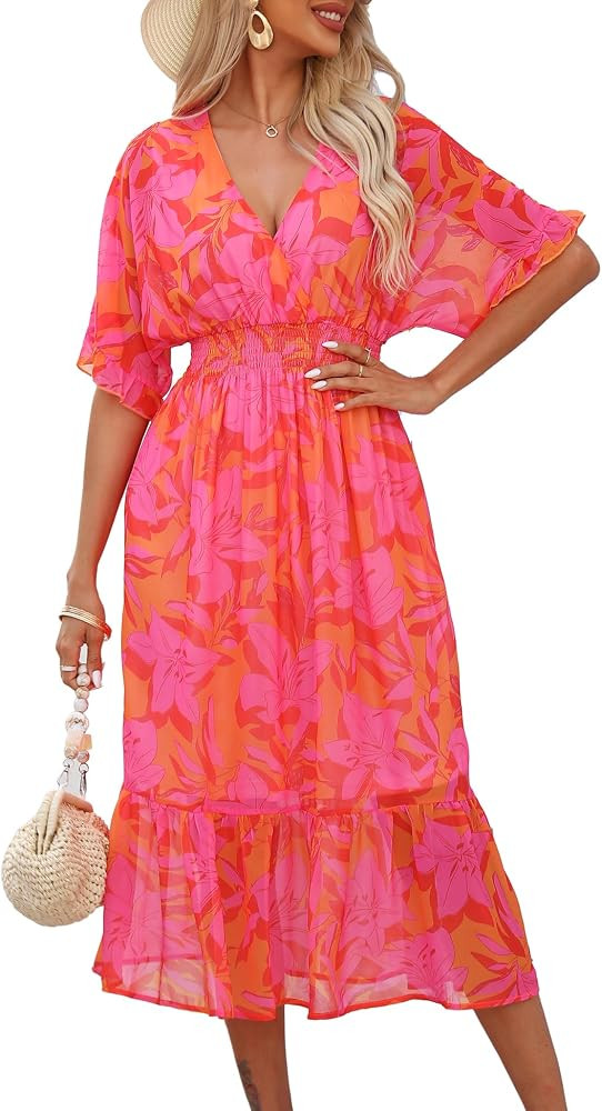 Women's Spring Summer 2024 Floral Midi Dress A Line Chiffon Boho Dress Casual Short Sleeve Long B... | Amazon (US)