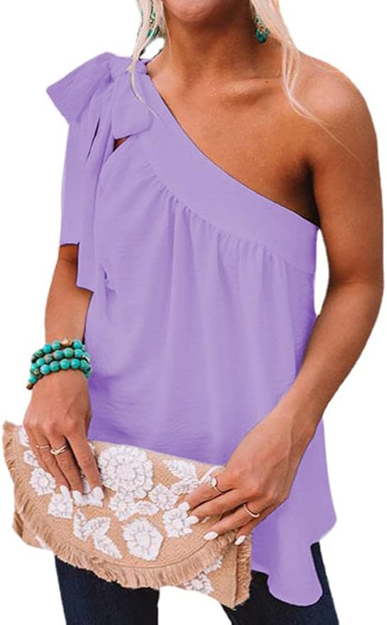 Guteidee Womens One Shoulder Tops Casual Tie Bow Knot Sleeveless Blouse Tunic Shirts | Amazon (US)