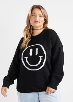 Plus Black Smiley Face Crew Neck Sweater | rue21