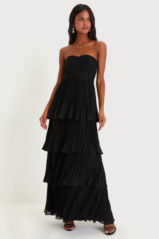 Seriously Sensational Black Pleated Strapless Tiered Maxi Dress | Lulus (US)