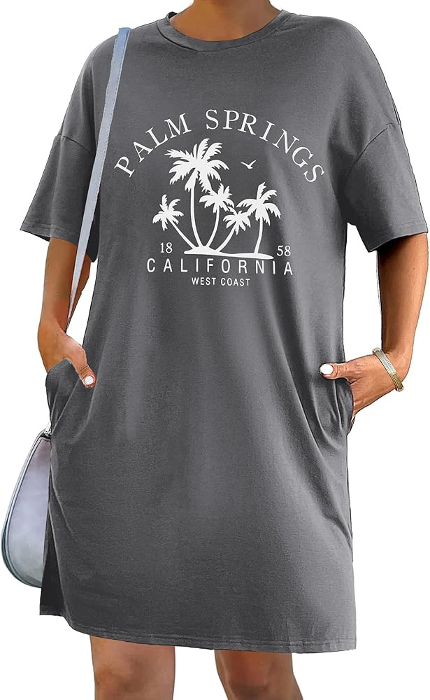 HOTOUCH Women's T Shirt Casual Dress Oversized Graphic Print Short Sleeve O Neck Beach Dress with... | Amazon (US)