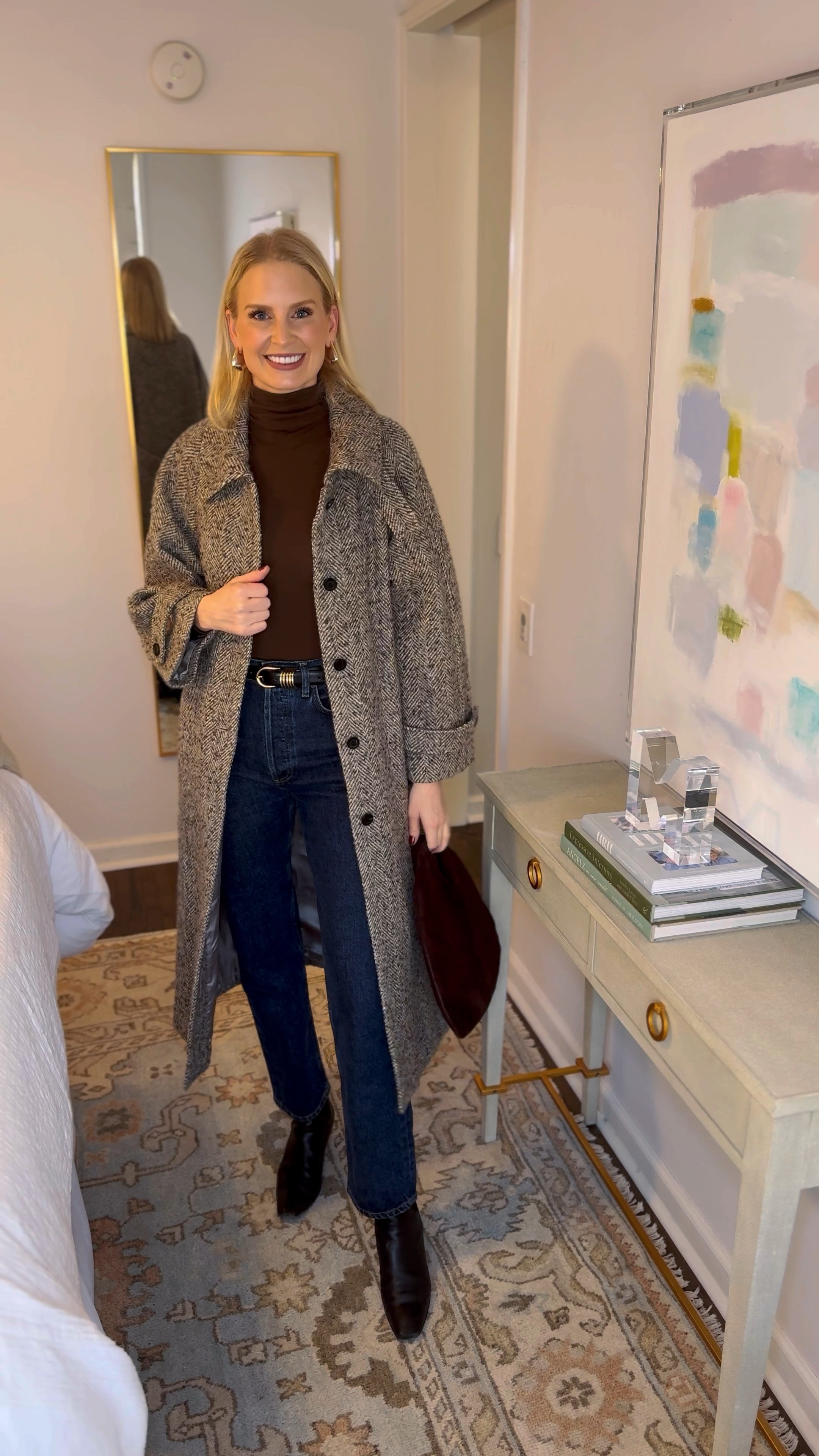 Today’s outfit! My bag sold out lightning fast in this color, but linking it in other colors 🤎 wearing an XS in the coat, small in the bodysuit and my jeans + boots fit true to size. 

#LTKItBag #LTKStyleTip #LTKShoeCrush