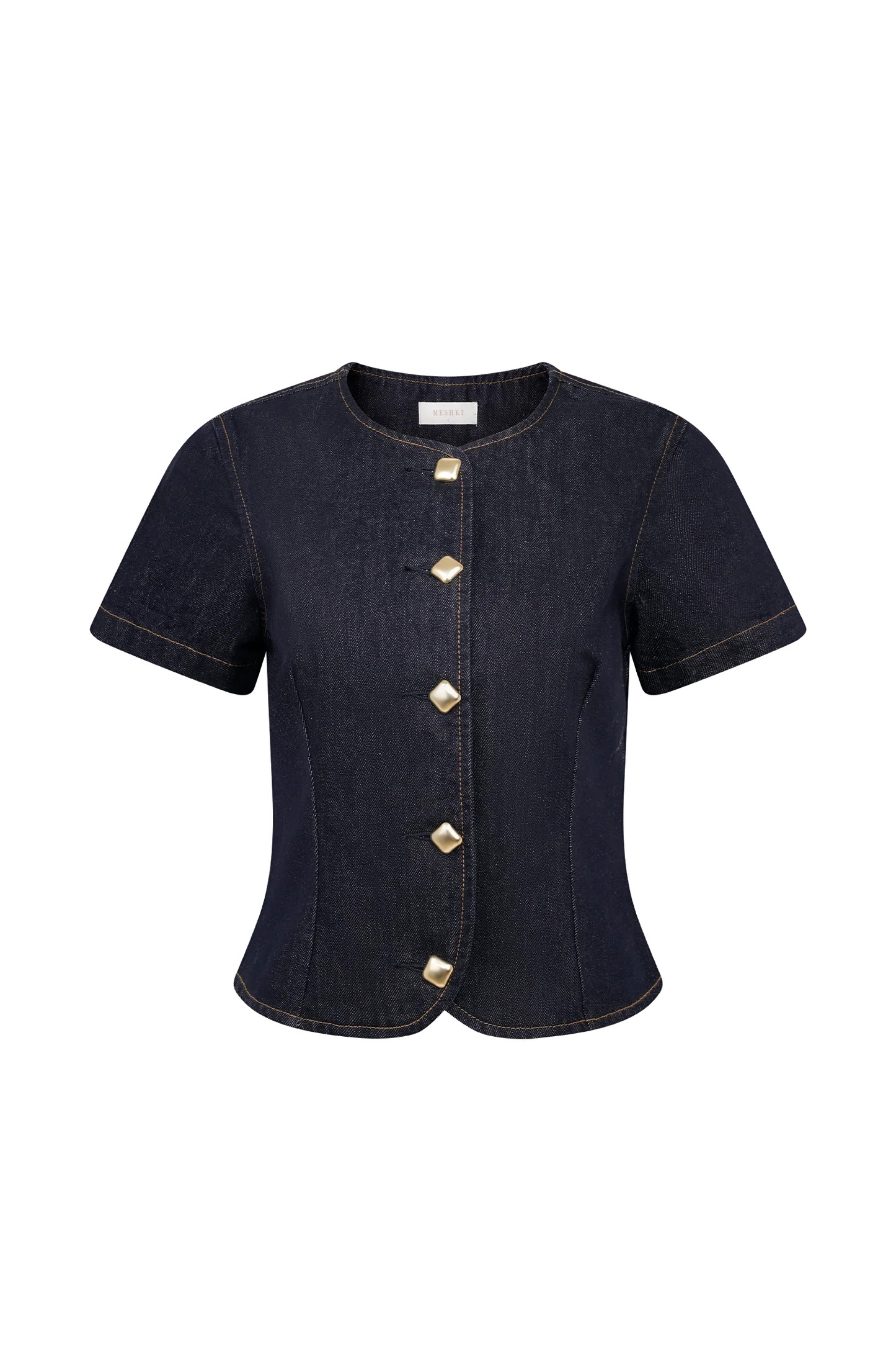 Bethany Short Sleeve Buttoned Denim Top - Washed Indigo Blue | MESHKI US