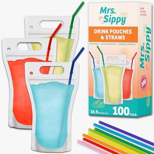 Mrs. Sippy Clear Drink Pouches for Adults - 100 Reusable Plastic Drink Bags with Straws - 17 oz F... | Amazon (US)
