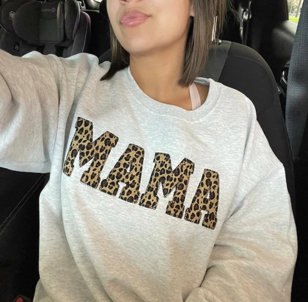 Mama Embroidered Leopard Print Applique Sweatshirt Simple Mama Pullover, Gift for Mom, Personaliz... | Etsy (US)