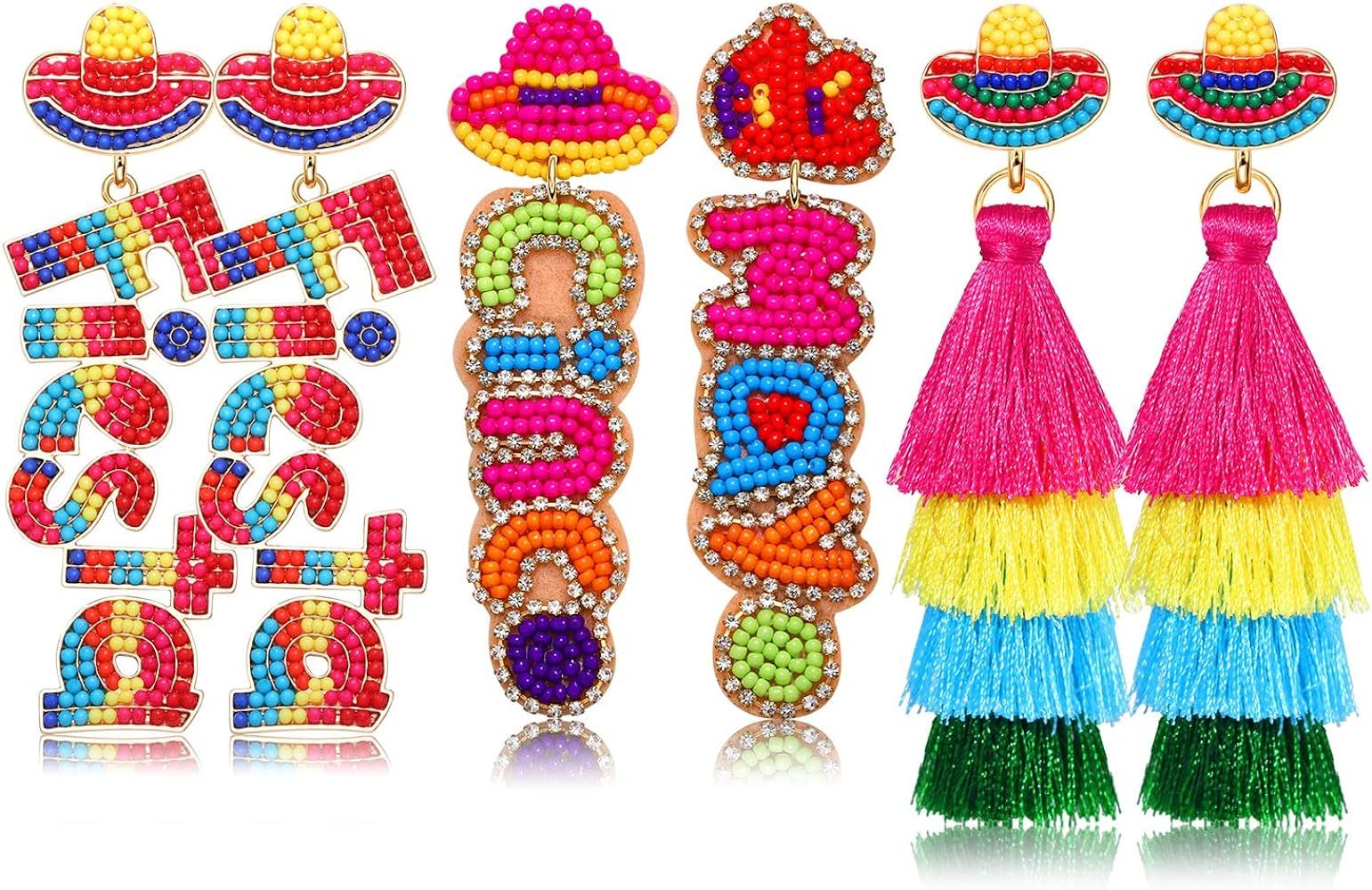 3 Pairs Cinco De Mayo Earrings for Women Beaded Fiesta Earrings, Colorful Pinata Chili Sombrero E... | Amazon (US)