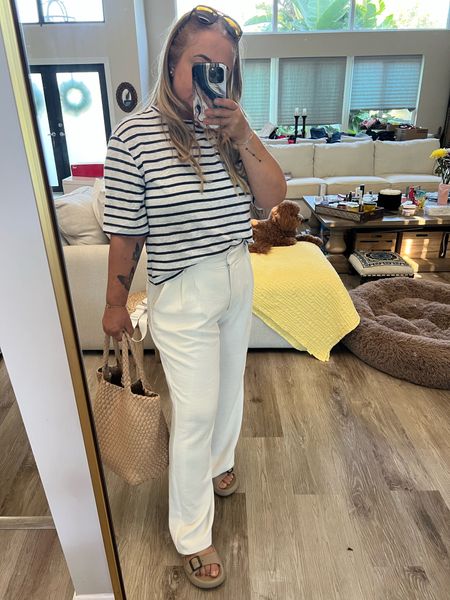 Business outfit/ workwear/ office outfit 
White trousers, line shirt 
Black Vince Camuto bag, Amazon bag, nude sandals, Amazon finds 



#LTKunder50 #LTKitbag #LTKstyletip