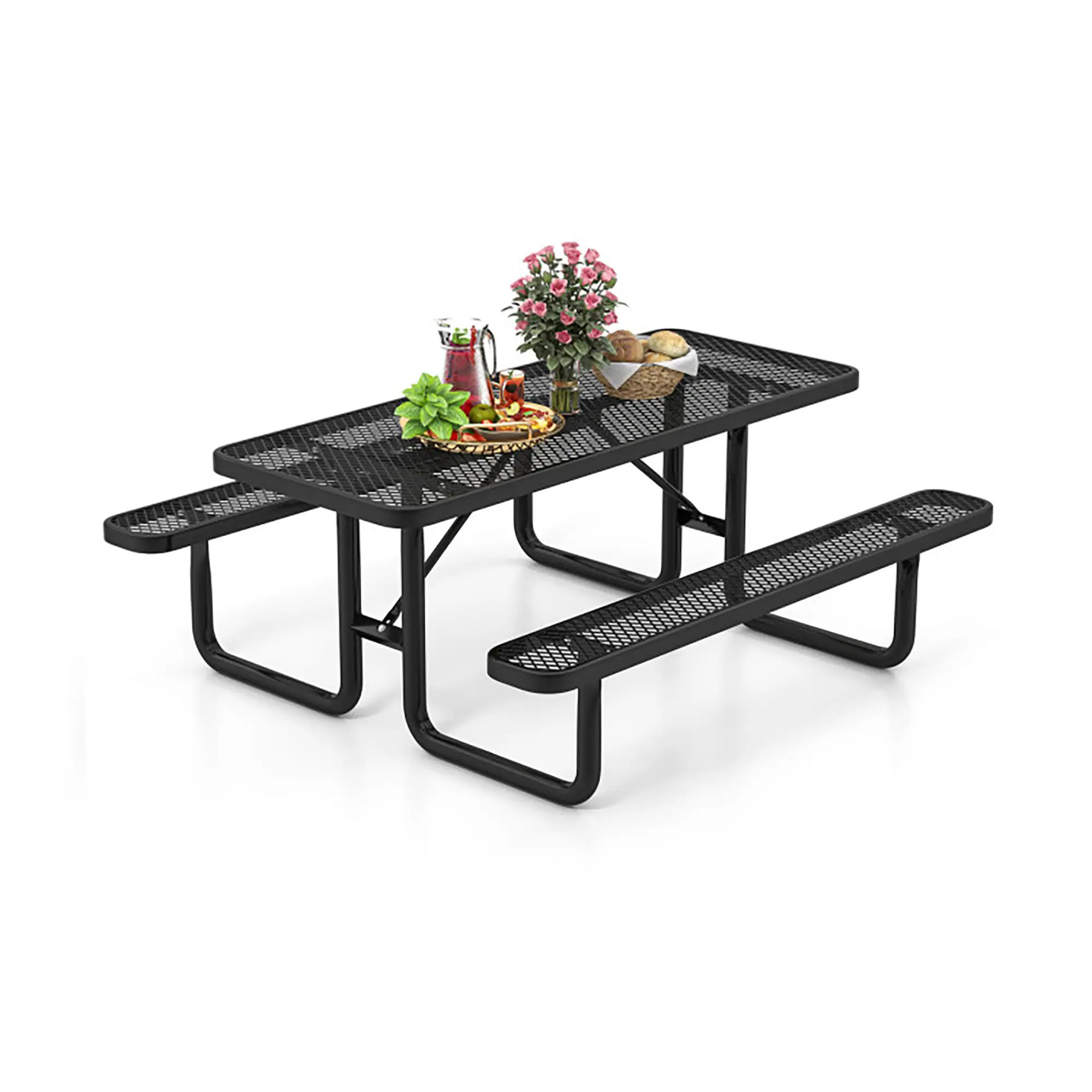 Boyel Living 72 in. Black Rectangle Metal Outdoor Picnic Table Bench Set for 8-Person with Seats and Mesh Grid one_size | BLNP11794BK | Lowe's