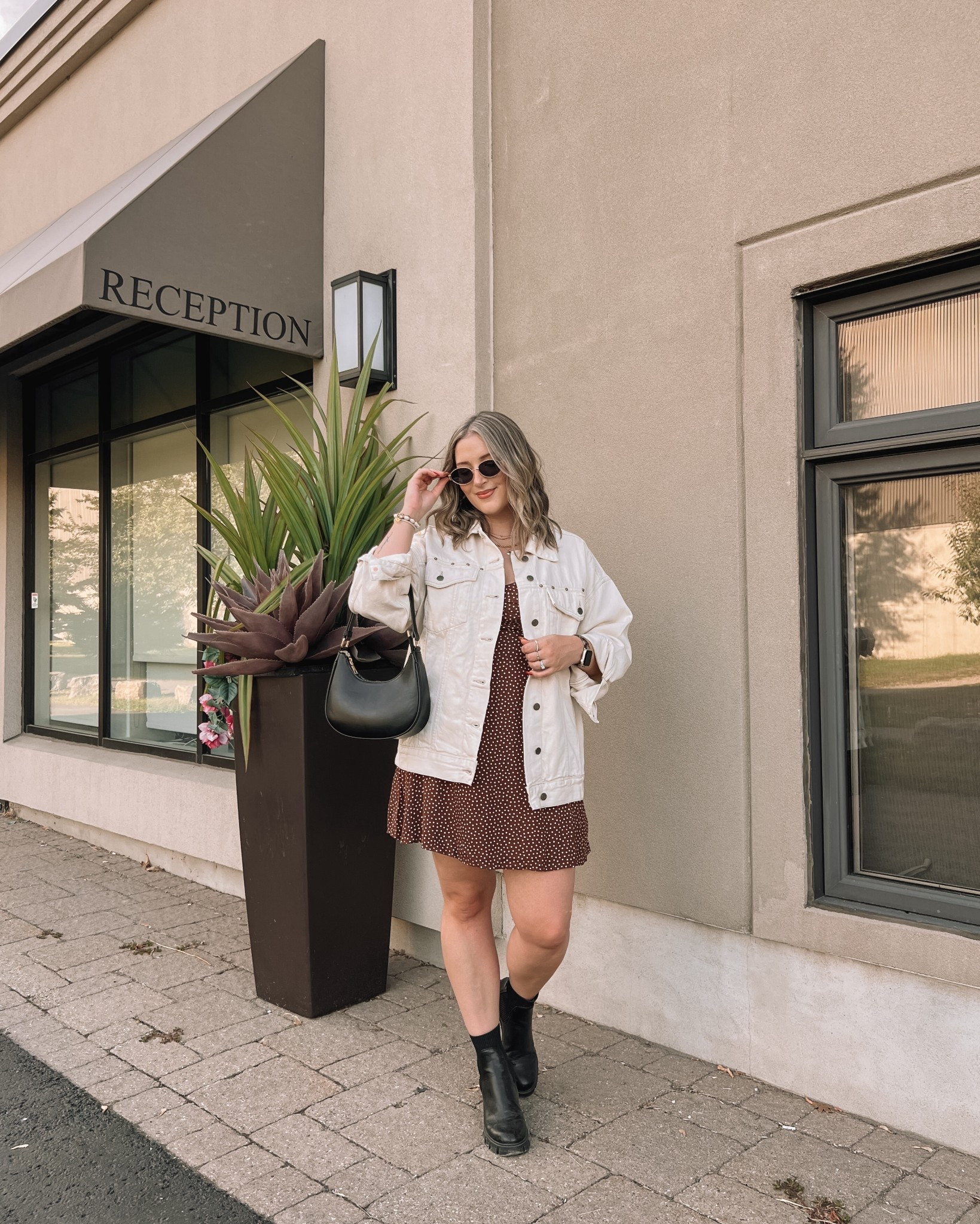 Fall date night outfit! Wearing L in the brown polka dot dress, sized down to M in the cream denim jacket. Canadian Old Navy links in related products! Black Steve Madden boots fit TTS

#LTKdatenight #LTKsale #LTKmidsize