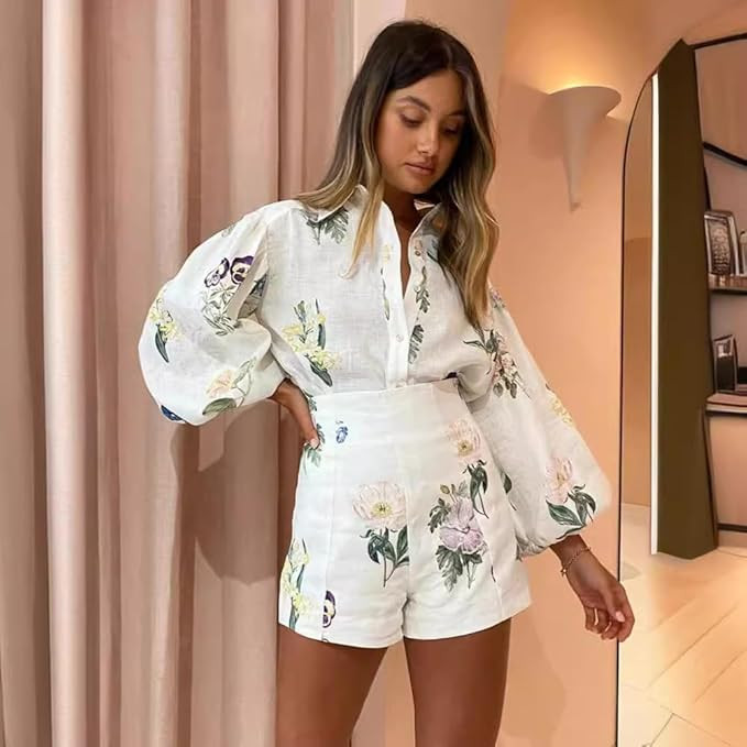 Molilove Womens 2 Piece Outfit Hawaiian Long Sleeve Button Down Shirt Shorts Tracksuit Lounge Set... | Amazon (US)