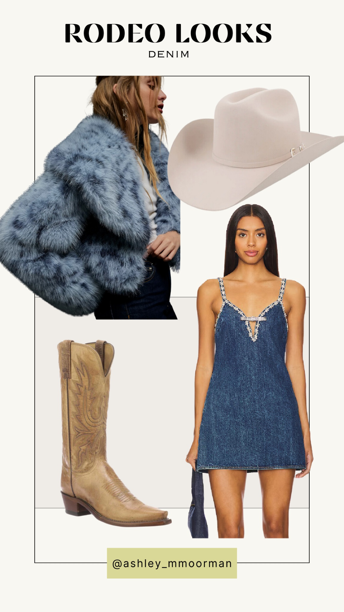 Denim rodeo look 

Rhinestone
Cowboy boots
Fur coat
Lucchese
Stetson Hat
Cowboy hat 

#LTKstyletip #LTKSeasonal #LTKshoecrush