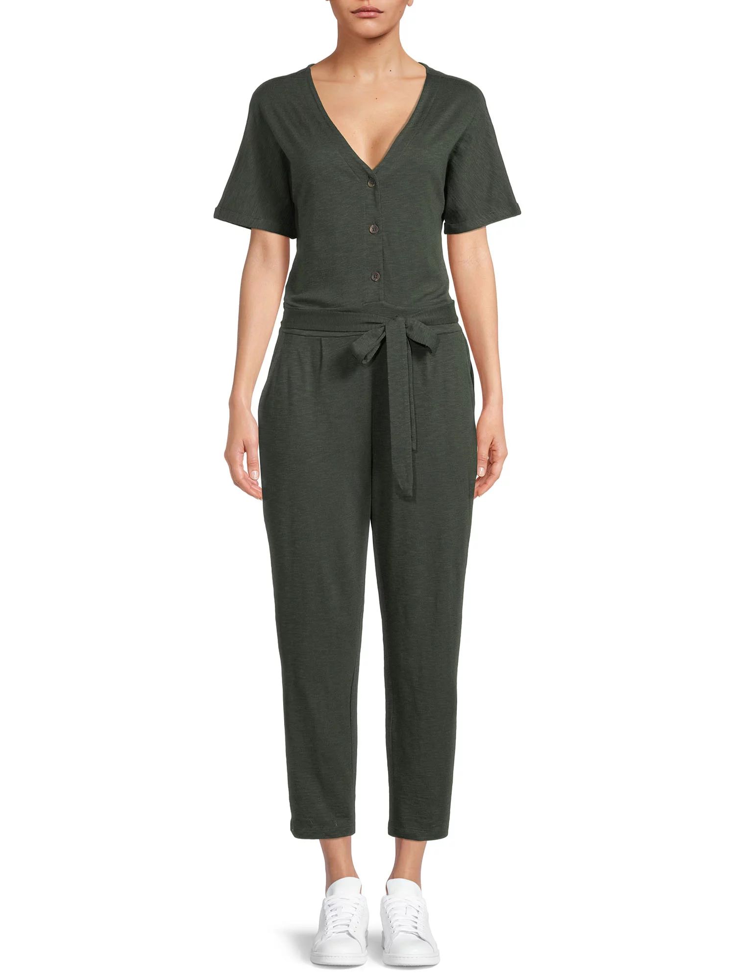 Time and Tru Women's Short Sleeve Knit Jumpsuit with Belt | Walmart (US)