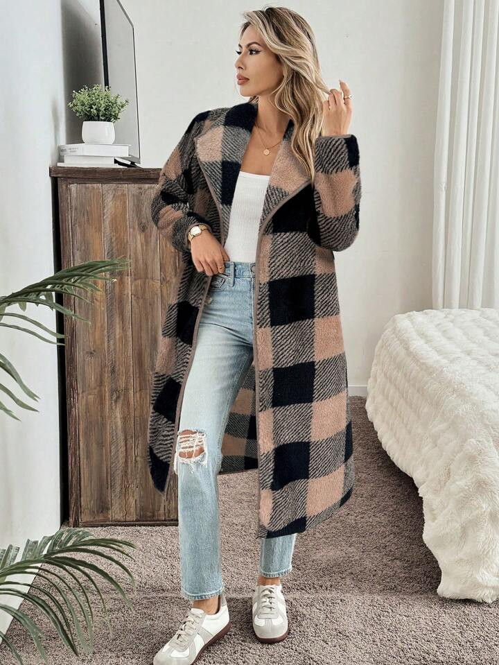 SHEIN LUNE Autumn/Winter Casual Street Style Retro Plaid Fabric Mid-Length Warm Women Regular Jac... | SHEIN