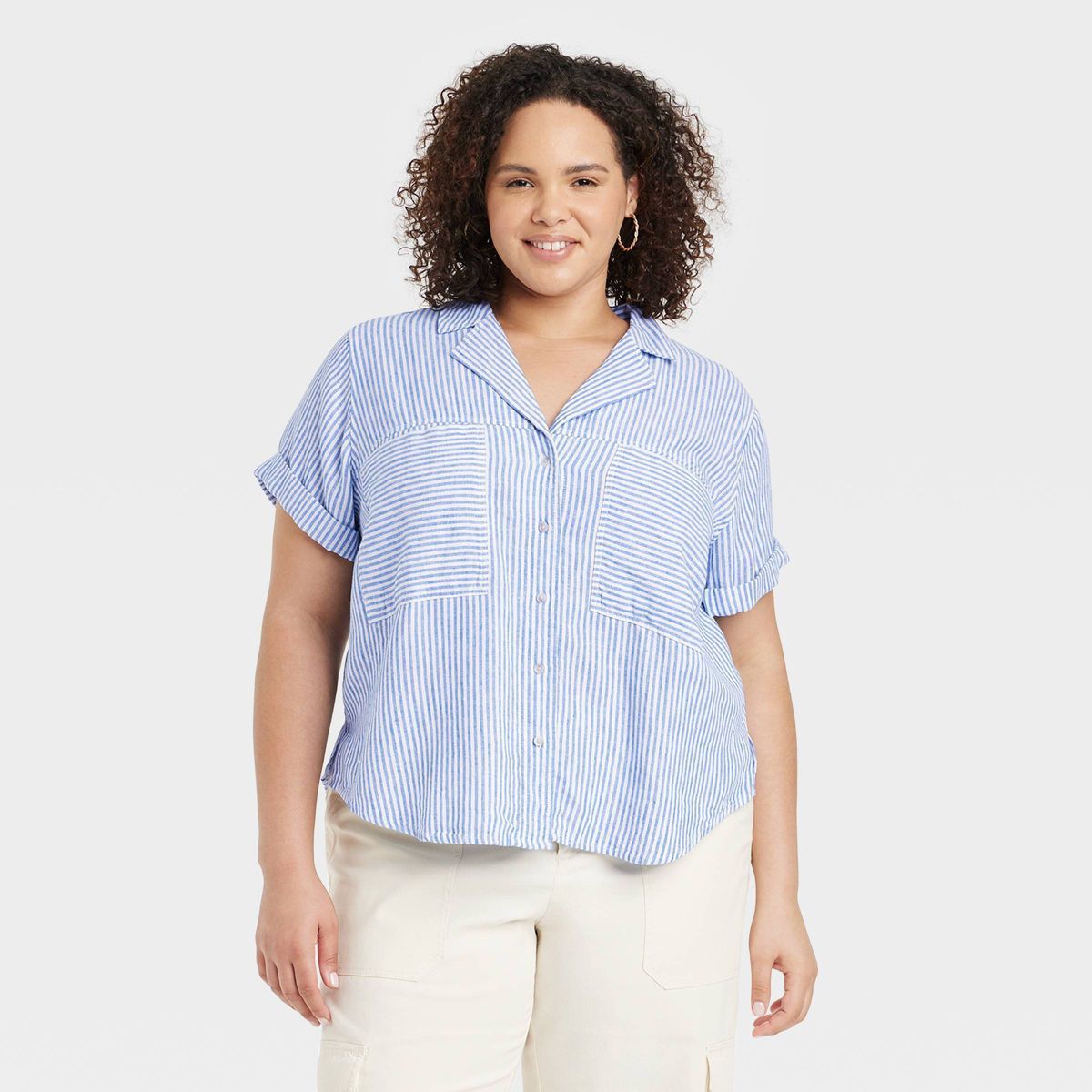 Women's Short Sleeve Collared Button-Down Shirt - Universal Thread™ Blue Striped XXL | Target