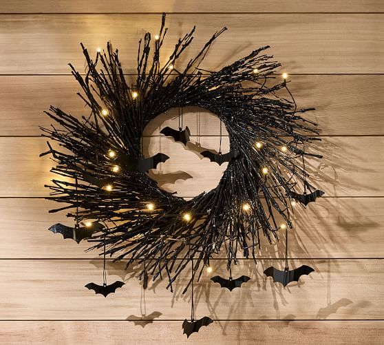 Pre-Lit Black Glitter Branch Wreath with Bats | Pottery Barn (US)