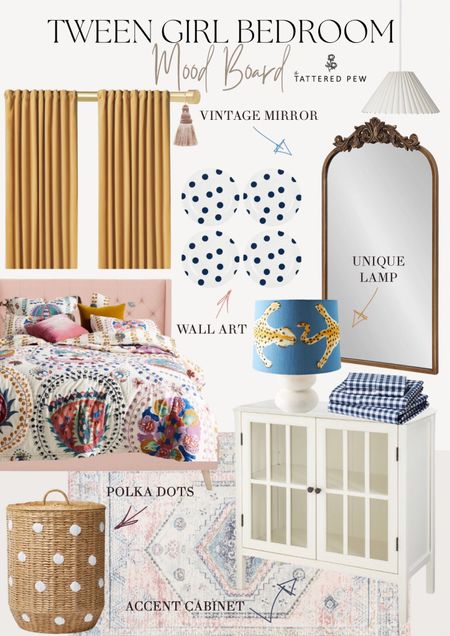 Tween Girl Bedroom Mood Board. Gold vintage looking mirror, Anthropologie colorful quilt, blue polka dot plates, blue lampshade with tiger, white cabinet, blue gingham sheets, polka dot hamper, pink tassel, lamp shade, pink bed and more. Girls bedroom, kids bedroom, colorful kids bedroom ideas.

#LTKFind #LTKhome #LTKunder100