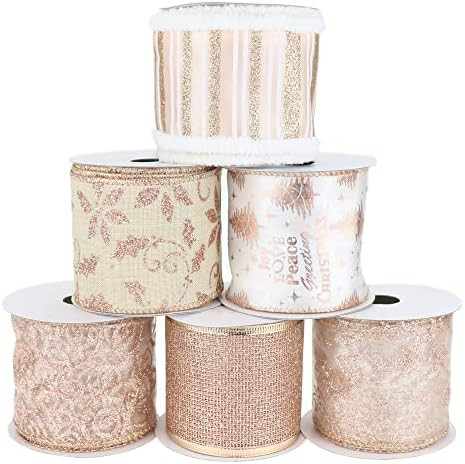DINDOSAL Rose Gold Chrismtas Ribbon Wired 2.5 Inch, 6 Rolls 36 Yards Pink Ribbon for Christmas Tr... | Amazon (US)
