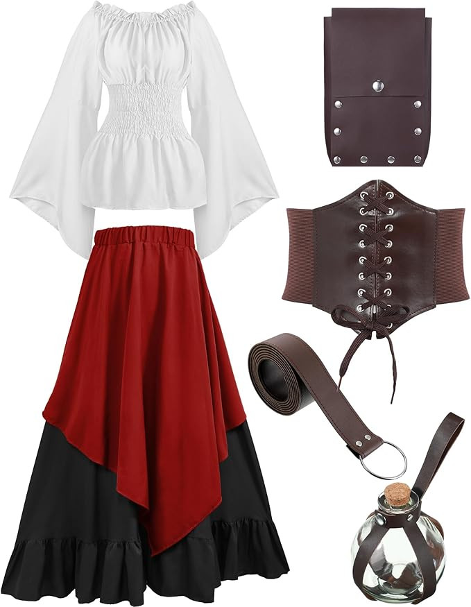 Hillban Women Medieval Renaissance Dress Costume Halloween Blouse Top Skirt Pouch Bottle Corset B... | Amazon (US)
