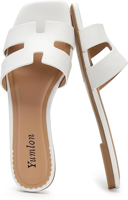 Women's Slide Sandals Summer Dressy Flat White Sandals for Woman Slip On Square Open Toe Slides B... | Amazon (US)