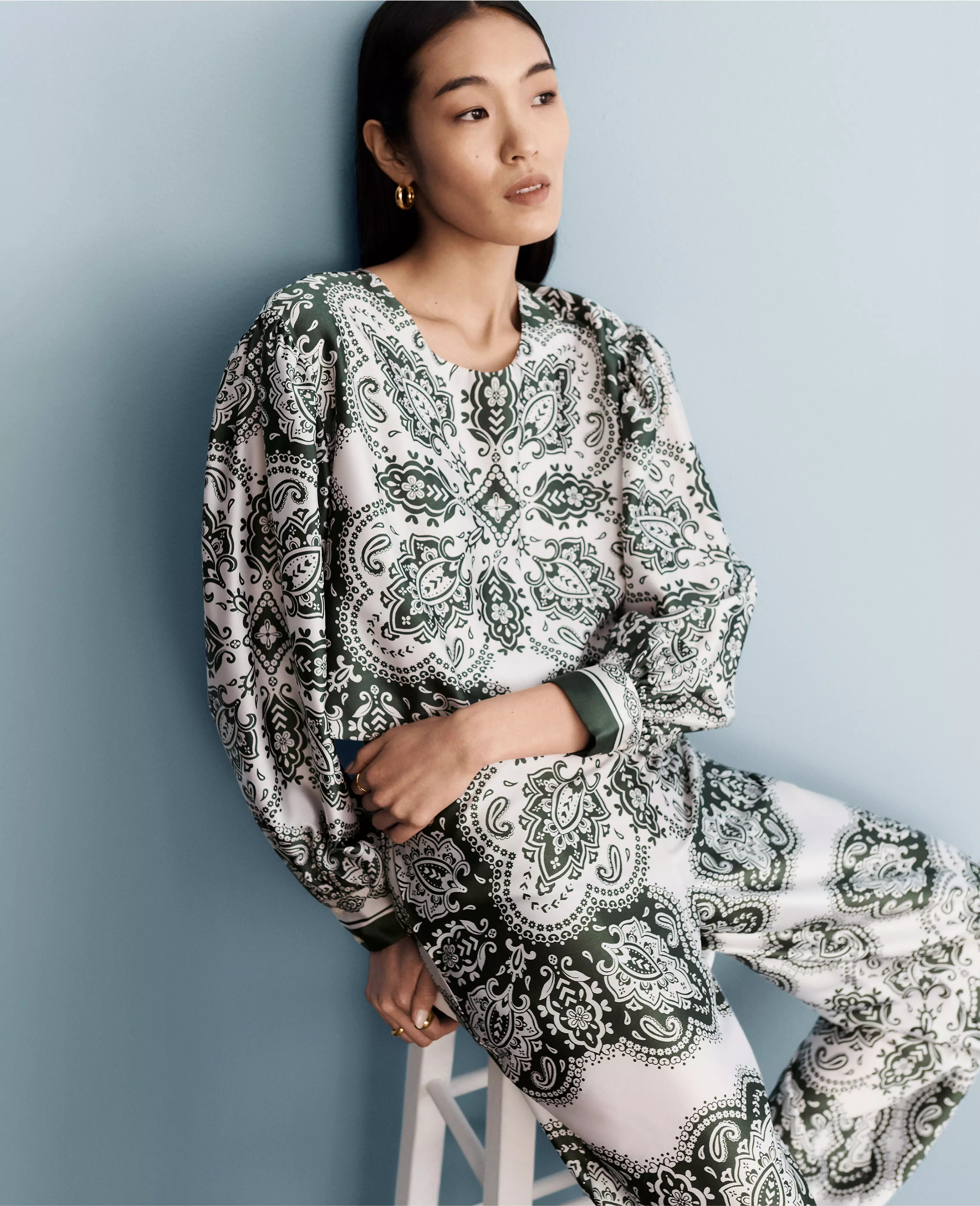 Paisley Satin Shirred Bubble Top | Ann Taylor