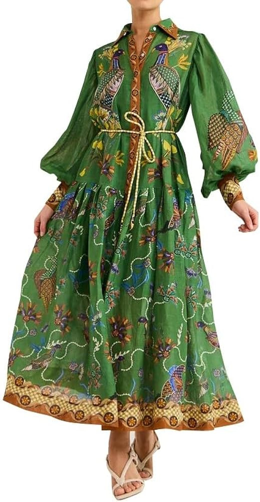 Women Cute Print Maxi Dress Loose Long Sleeve Boho Dress Flowy Graffiti Long Aline Wedding Guest ... | Amazon (US)