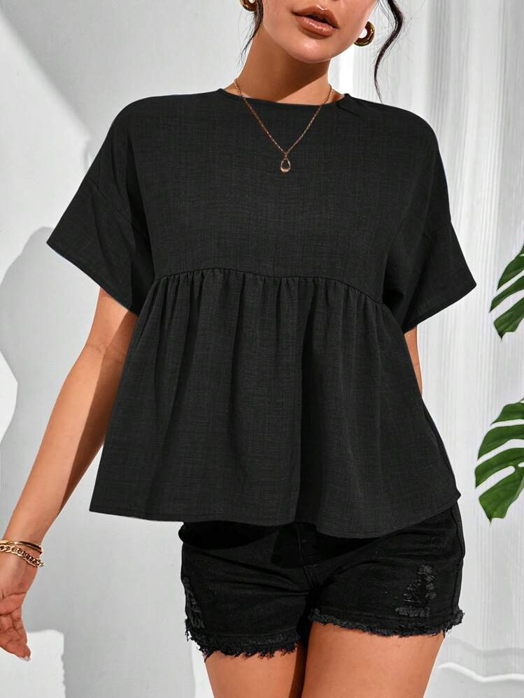 SHEIN Essnce Women Summer Solid Color Round Neck Short Sleeve Loose Blouse,Short Sleeve Tops | SHEIN