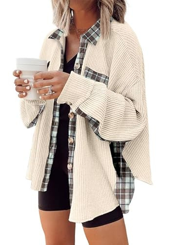 SHEWIN Womens Waffle Knit Plaid Shacket Jacket Casual Loose Batwing Long Sleeve Overiszed Button Up Shirt Boyfriend Blouses Tops Outwears Light Khaki L | Amazon (US)