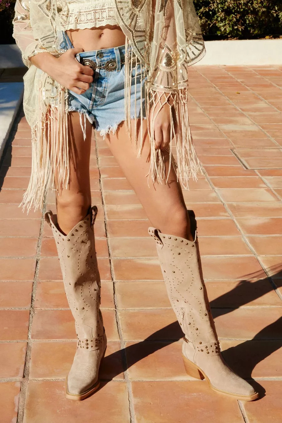 Suede Studded Harness Knee High Cowboy Boots | Nasty Gal UK (+IE)
