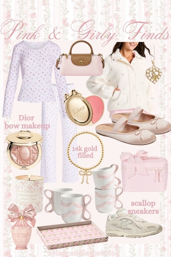 Pink & girly finds! Walmart pajamas, Target Sherpa jacket, bow mug, LoveShackFancy, Dior bow medallion makeup, new balance sneakers