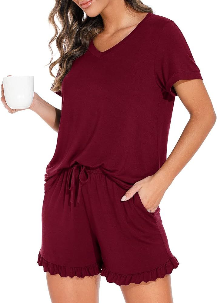 PrinStory Womens Pajamas Set Lounge Sets Short Sleeve Sleepwear Soft Pjs Shorts Set with Pockets | Amazon (US)