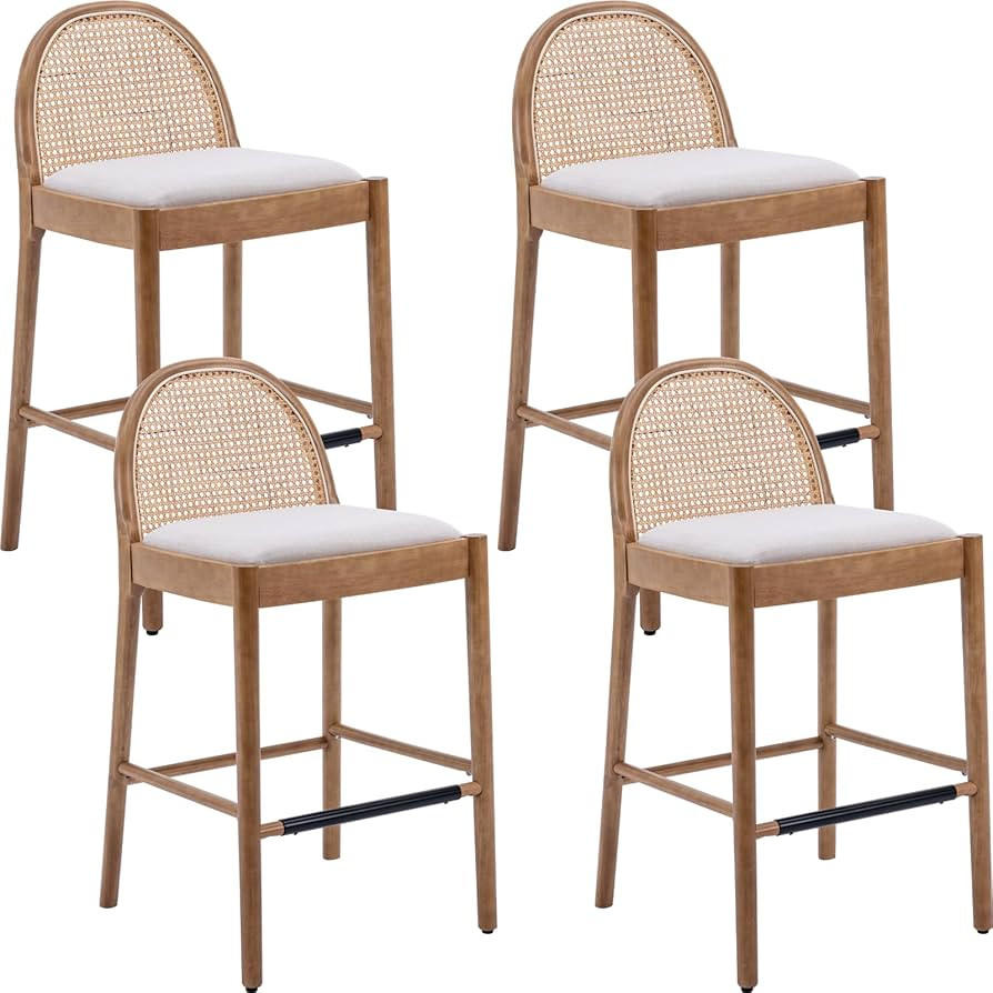 Mid-Century Bar Stools Set of 4, 30 Inch Rattan Back Linen Counter Height Barstools Comfy Upholst... | Amazon (US)