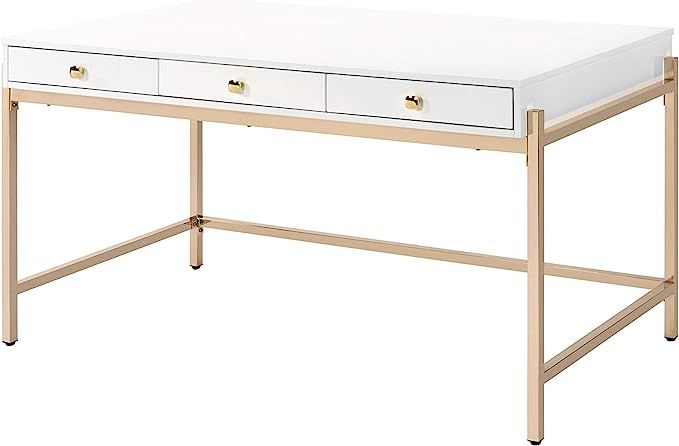 Acme Furniture Ottey Desk, White High Gloss & Gold | Amazon (US)