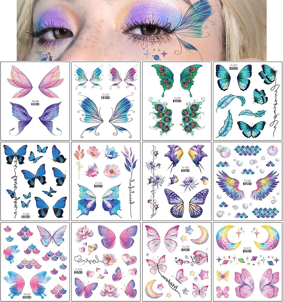 Konsait 12 Sheets Glitter Butterfly Temporary Tattoos for Women Girls Butterfly Face Tattoos for ... | Amazon (US)