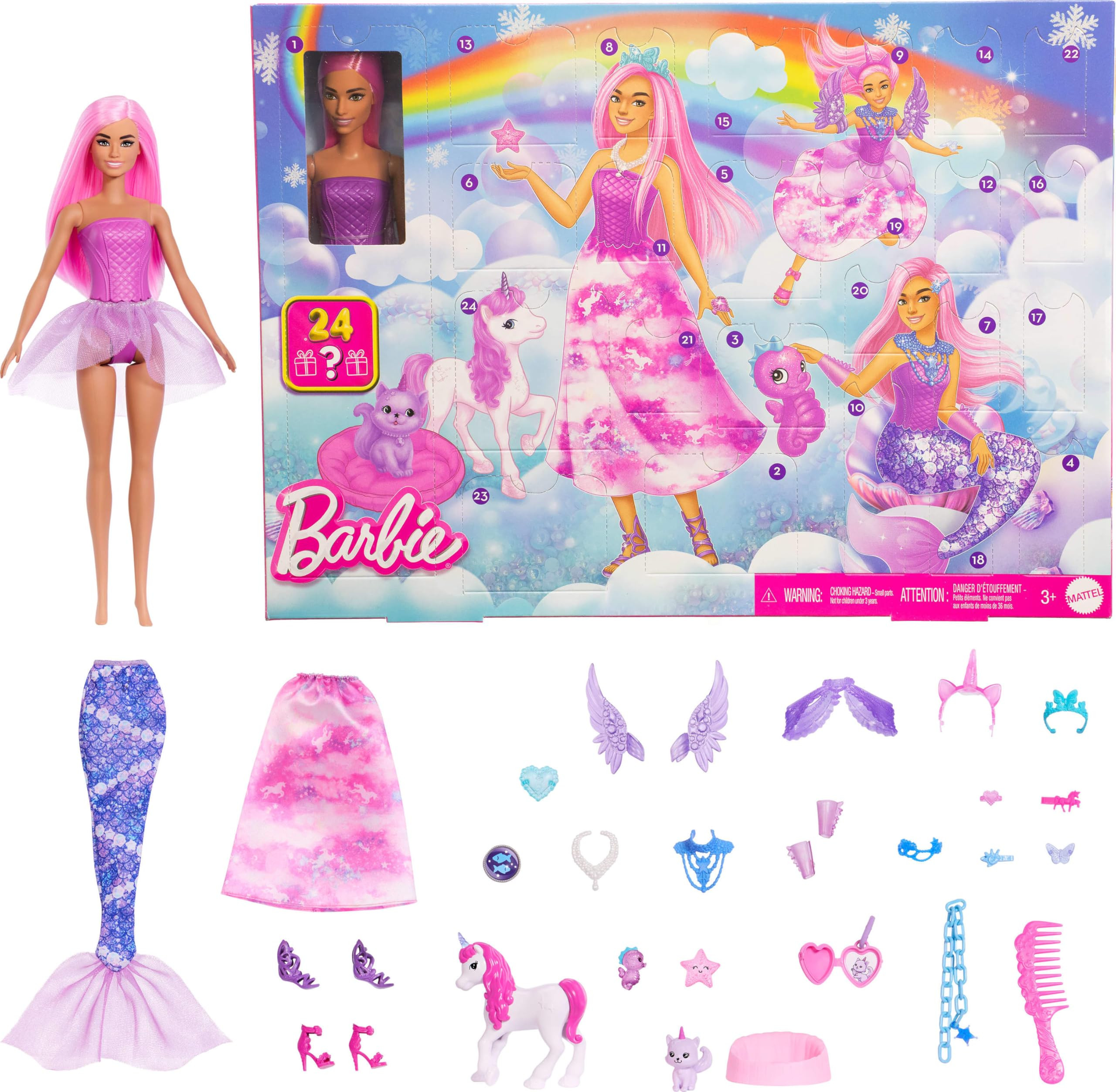 Barbie Advent Calendar with Doll & 24 Surprise Toy Accessories Including Unicorn & Pets, Transfor... | Amazon (US)