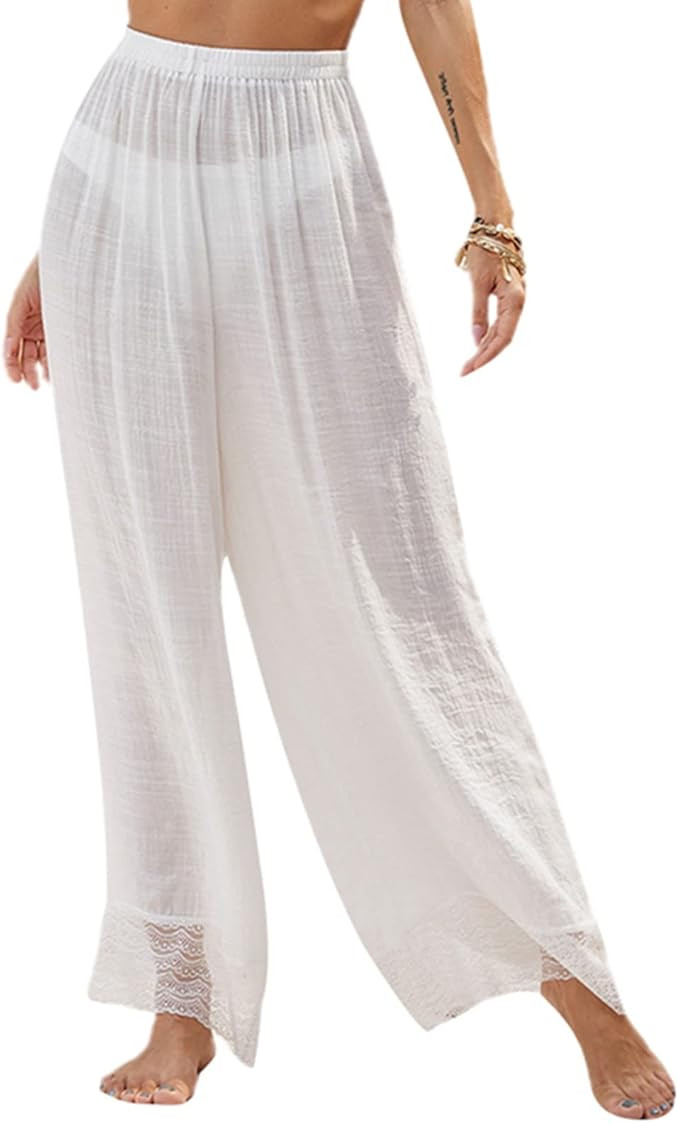 RUEWEY Women Cotton Linen See Through Cover up Pants Bikini Bottom Wide Leg Palazzo Pajamas Trous... | Amazon (US)