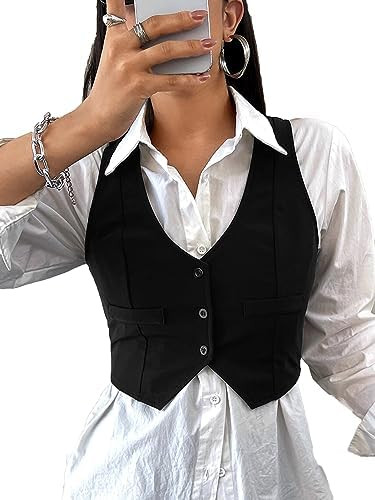 SweatyRocks Women's Solid Button Front Crop Waistcoat V Neck Sleeveless Blazers | Amazon (US)