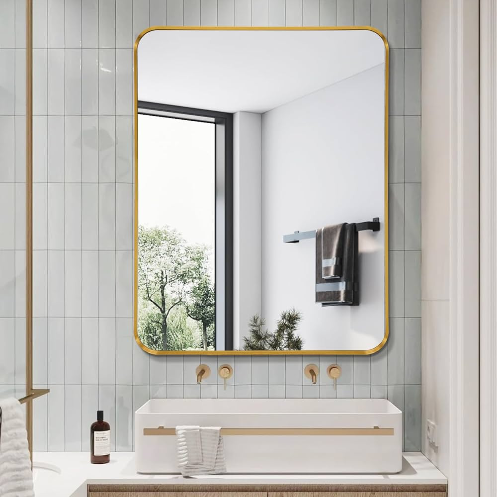 36x28 Inches Brushed Metal Bathroom Mirror, Rounded Rectangle HD Shatter-Proof Vanity Mirror, Cop... | Amazon (US)