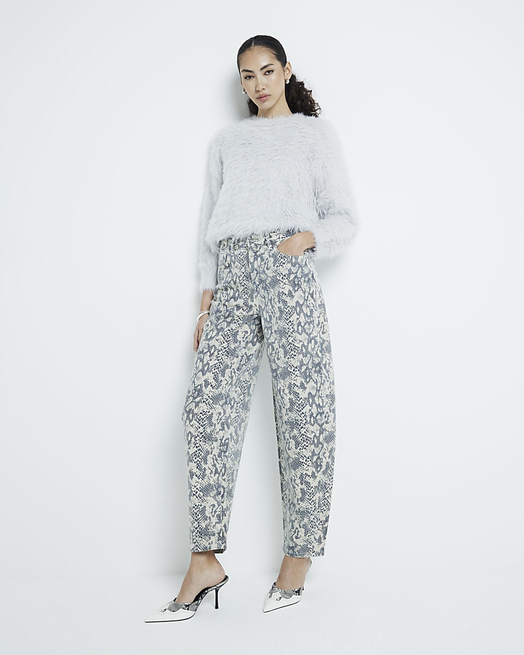Beige Denim Seamed Snake Print Barrel Jeans | River Island UK & IE
