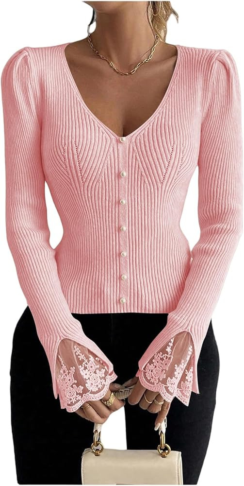 WDIRARA Women's V Neck Lace Long Sleeve Sweater Pearl Beaded Rib Knit Top | Amazon (US)