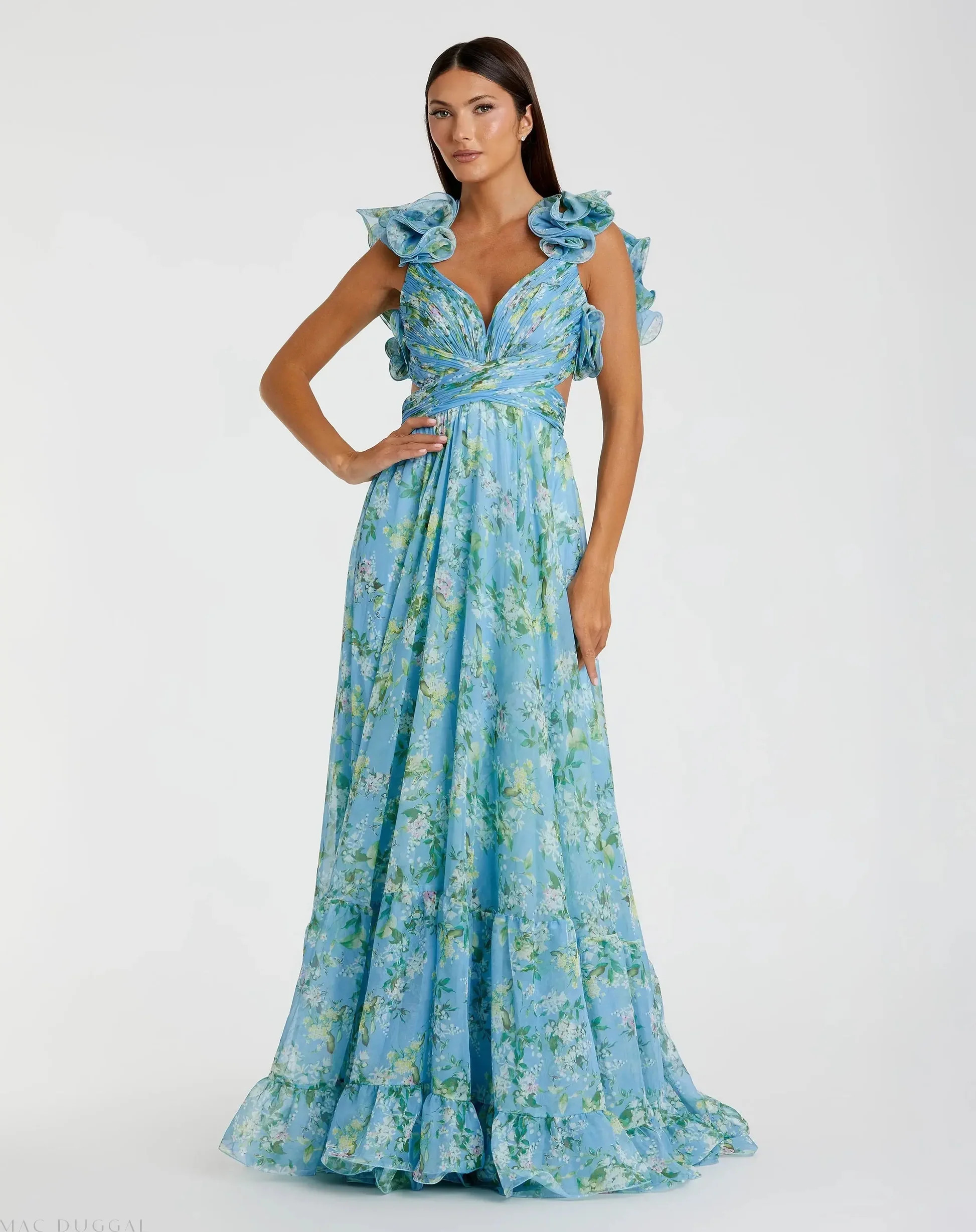 Pink Ruffle Tiered Floral Cut-Out Chiffon Gown | Mac Duggal | Mac Duggal