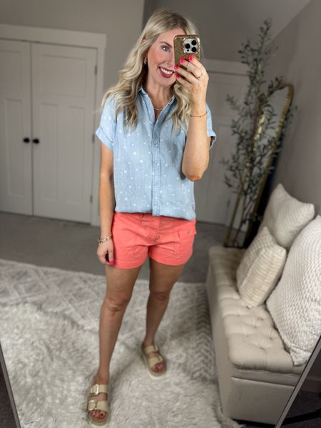 Daily try on, Walmart try on, Walmart outfit, Walmart fashion, time and tru, chambray top, star top, coral shorts 

Medium 

#LTKstyletip #LTKSeasonal #LTKfindsunder50