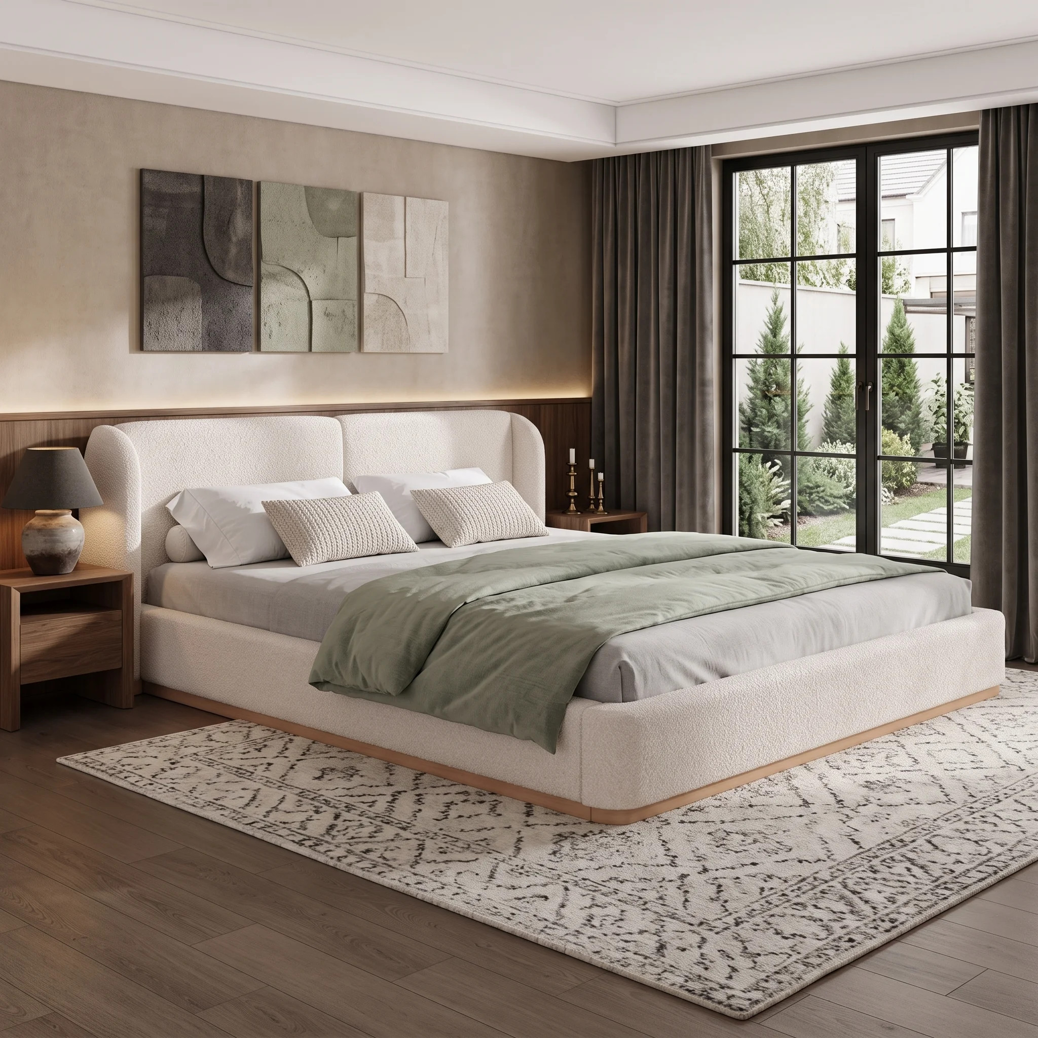 King Size Curves Wingback Headboard Boucle Fabric Upholstered Bed Frame, With Wood Frame Bed | Wayfair North America